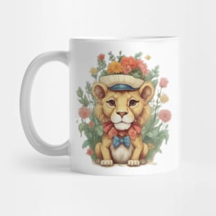 a cute little lion wearing a hat and a bow tie Mug